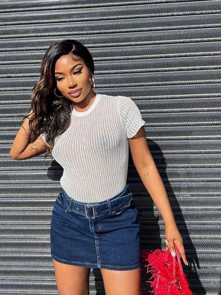 100% Wool White Striped See Through Tops Outfits Short Sleeve T-shirts Tees Skinny Club Party Clothes