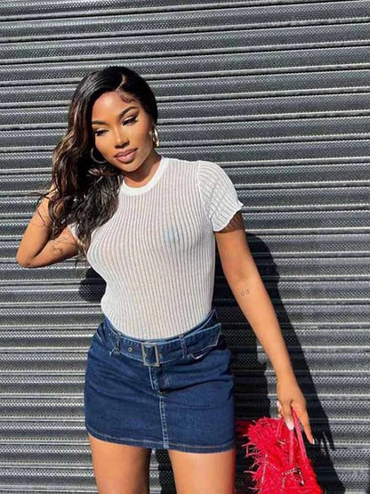 100% Wool White Striped See Through Tops Outfits Short Sleeve T-shirts Tees Skinny Club Party Clothes