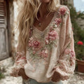Women's Vintage Roses Embroidery Art V-neck Linen Blend Casual T-shirt elevenforest