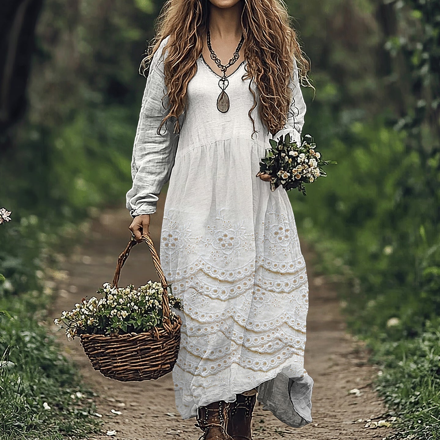 Vintage Floral Lace Embroidered Art Women's Linen Dress elevenforest