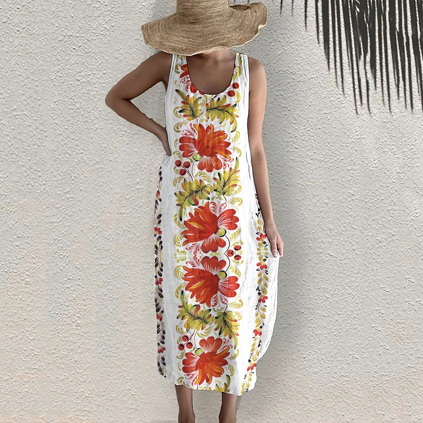 Red Botanical Flower Pattern Sleeveless Dress elevenforest
