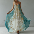 Vintage Marble Texture Collection Retro Bohemia Women Style Gradient Gilded Pattern Linen Suspender Long Dress elevenforest