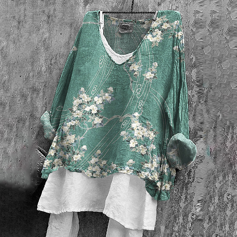 Women's Retro Japanese Flower Art V-neck T-shirt elevenforest