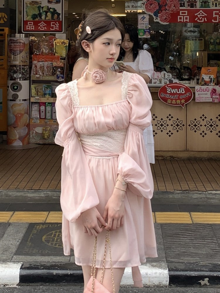 Summer Chiffon Midi Dress Lace Y2k Lolita Fairycore Puff Sleeve High Waist French Evening Party Dresses Prom Robe