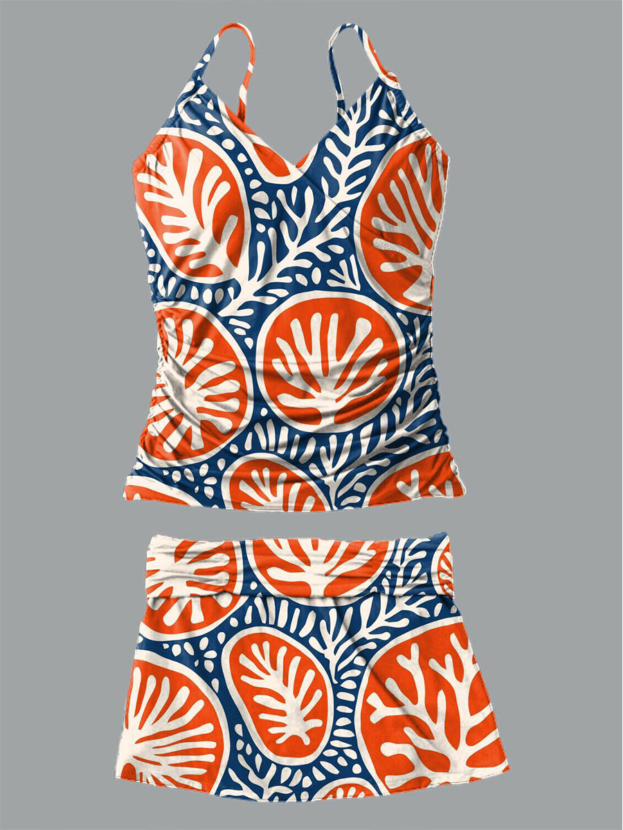 Women's V-Neck Floral Art Print Suspender Skirt Tankini Pantskirt Set Swimsuit