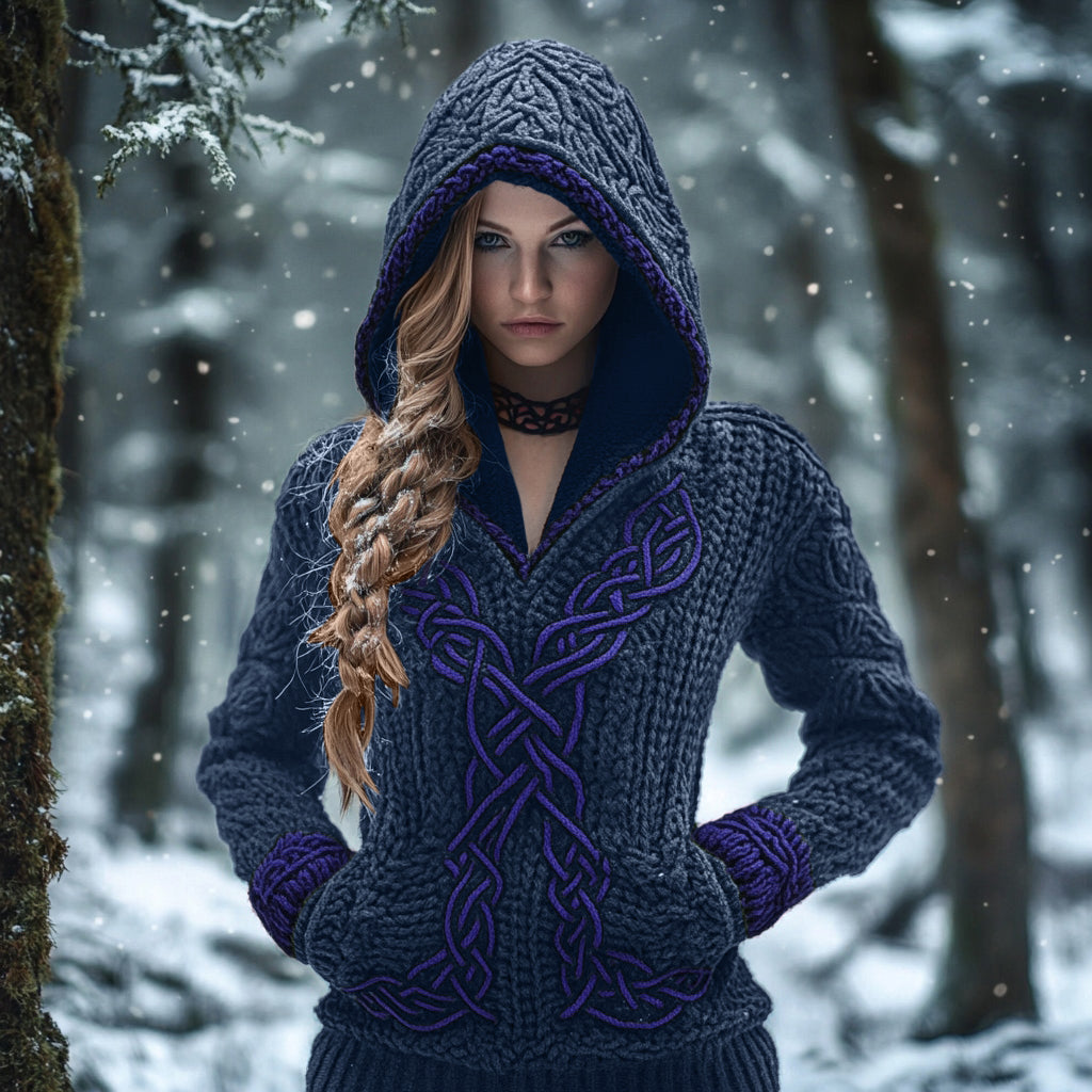 Women's Viking Celtic Knot Jacquard Knit Hooded Sweater elevenforest