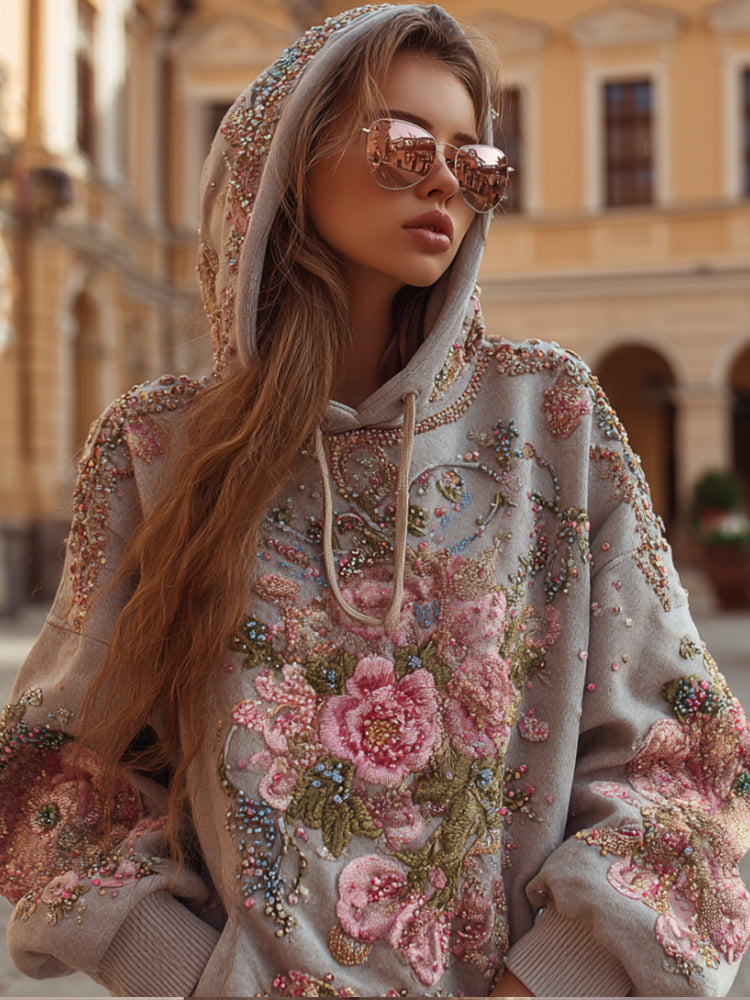 Bohemian Style Embroidered Pearl Flower Hooded Sweater elevenforest