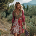 Bohemian Style Retro Floral Pattern Women's V-neck Dress elevenforest