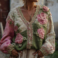 Vintage Pink Roses Crochet Embroidered Colorblock Patchwork Cozy Cardigan elevenforest