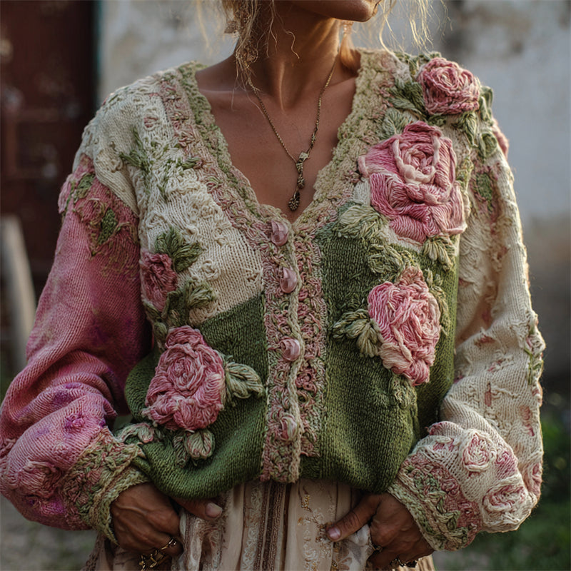 Vintage Pink Roses Crochet Embroidered Colorblock Patchwork Cozy Cardigan elevenforest