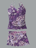 V-Neck Vintage Flowers Print Suspender Skirt Tankini Pantskirt Set Swimsuit