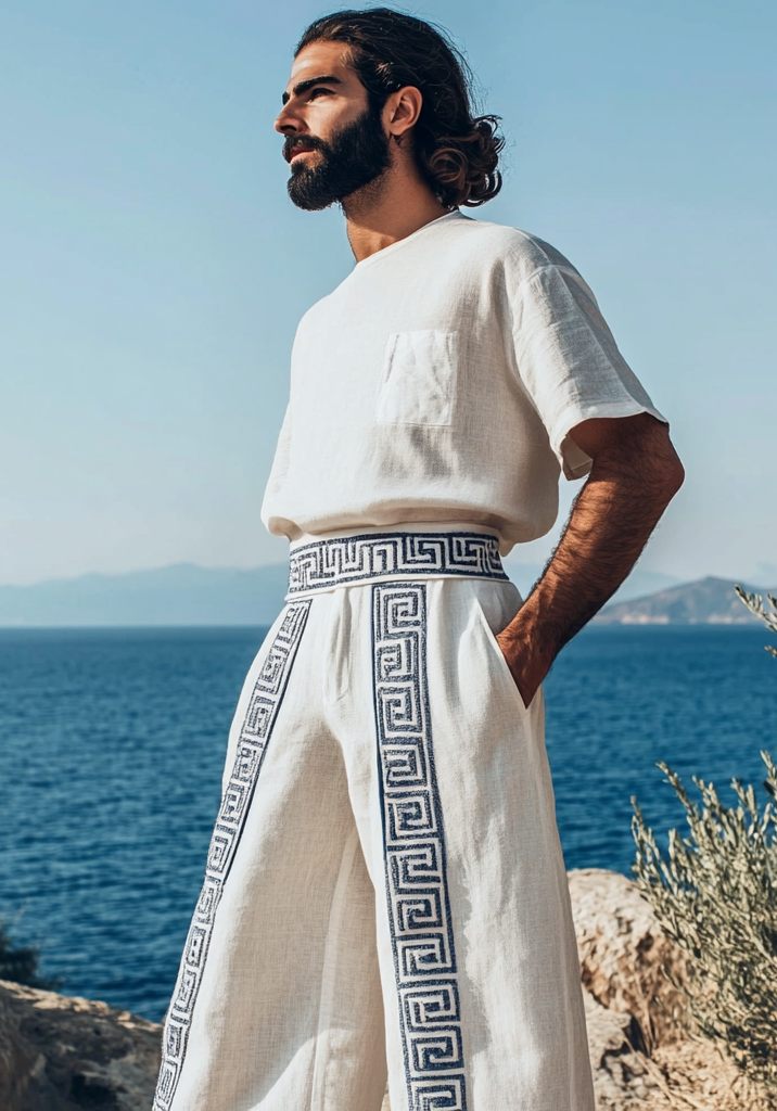 Men's Vintage Greek Key Embroidered Linen Lounge Pants elevenforest