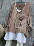 Tree Embroidered Frayed Fiber Art Linen Blend Tunic elevenforest