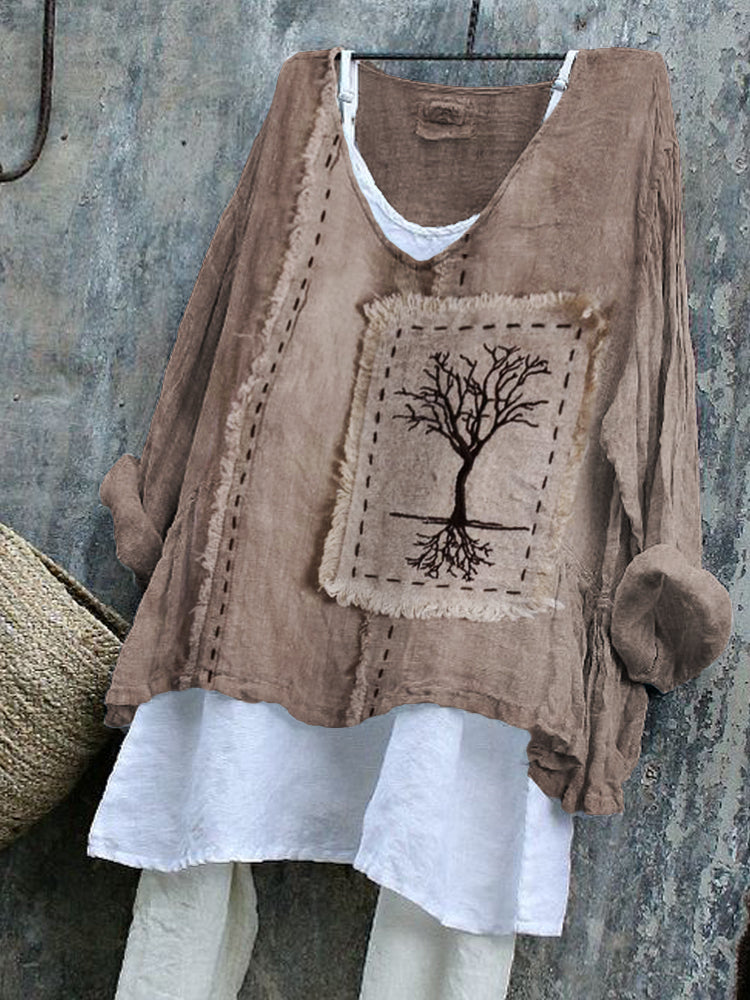 Tree Embroidered Frayed Fiber Art Linen Blend Tunic elevenforest