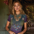 Vintage Western Boho Collection Purple Floral Embroidered Linen Short Sleeve T-shirt elevenforest