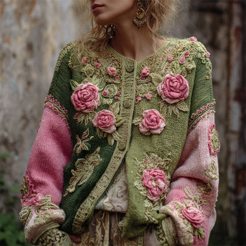 Pink Roses Crochet Embroidered Forest Contrast Patchwork Cozy Cardigan elevenforest