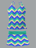 Women's Summer Wave Stripe Printed Casual Suspender Shirred Swimsuit Set
