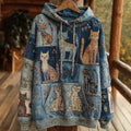 Denim Patchwork Cat Bohemian Floral Print Hoodie elevenforest