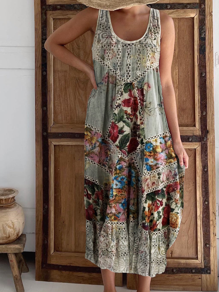 Boho Floral & Lace Patchwork Linen Tank Dress elevenforest