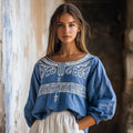 Vintage Greek Key Motif Cretan Embroidery Linen Blend T-shirt elevenforest