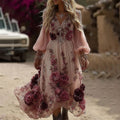Women's Classic Romantic Pink Rose Embroidery Art Comfy Linen Round Neck Maxi Dress elevenforest