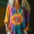 Women's Colorful Tie-dye Sunflower Art Print Casual Linen Shirt elevenforest