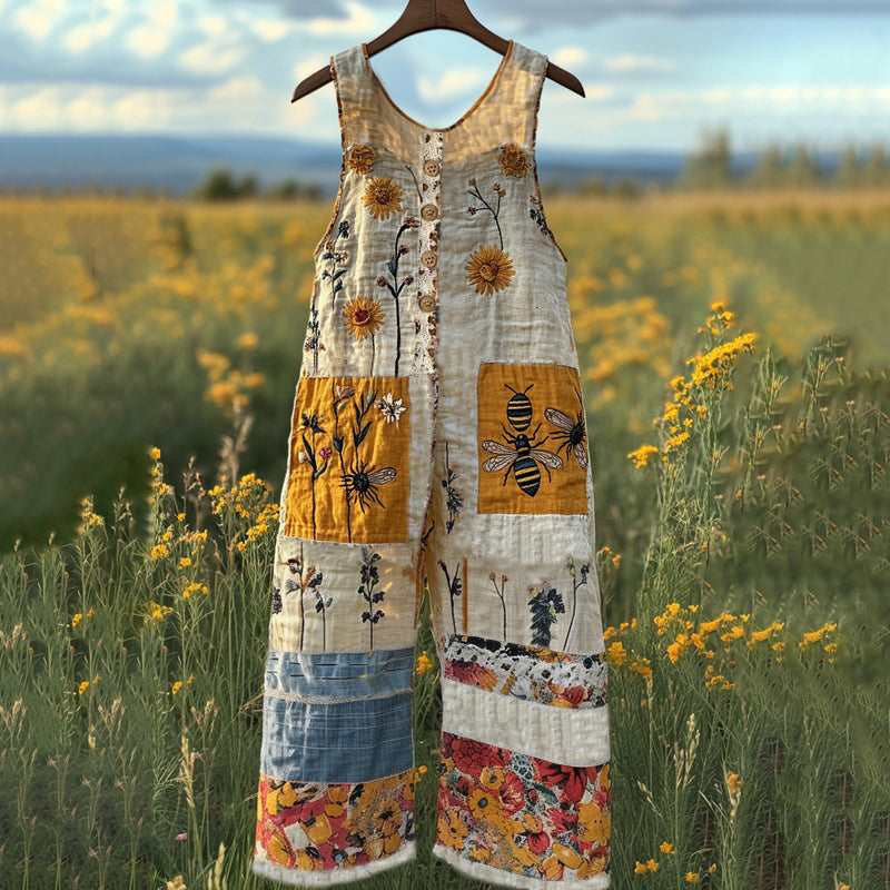 Insect Wildflower Floral Embroidery Art Linen Button Jumpsuits elevenforest