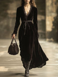 V-Neck Lace Panel Solid Velvet Long-Sleeved Maxi Dress