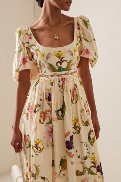 Embroidery Puff Sleeve Square Collar Midi Dress