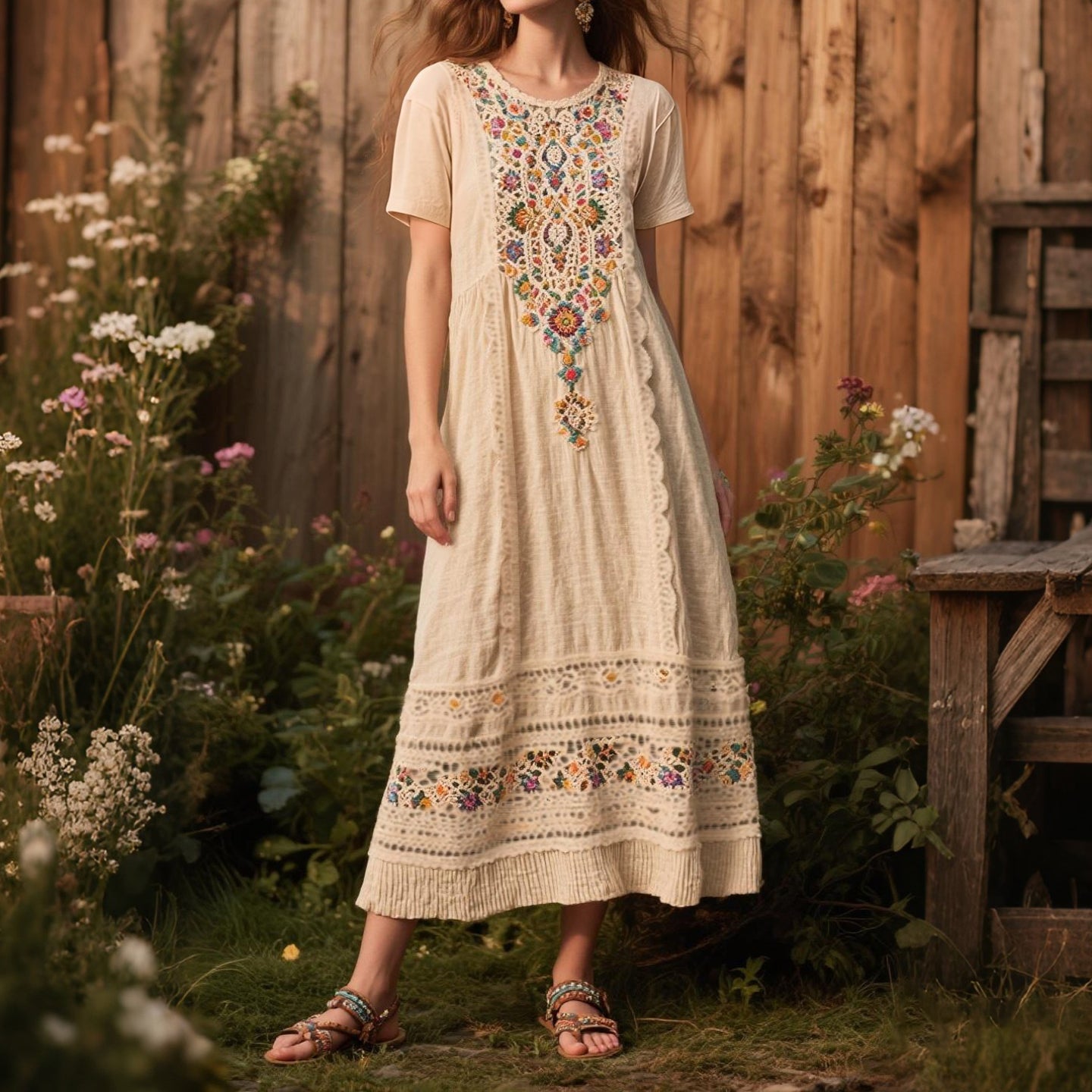 Women's Vintage Bohemian Floral Pattern Short Sleeve Dress elevenforest