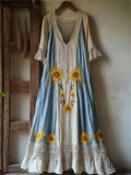 Boho Sunflowers Embroidered Lace Patchwork Flowy Linen Dress elevenforest