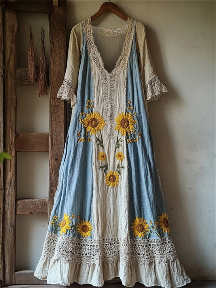 Boho Sunflowers Embroidered Lace Patchwork Flowy Linen Dress elevenforest