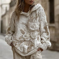 Women's Vintage White Rose Knitted Warm Hooded Sweater