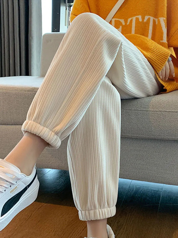 Warm Winter Plush Thick Cashmere Corduroy Pants Female Korean Style Sweatpants Loose Harem Long Trousers Joggers