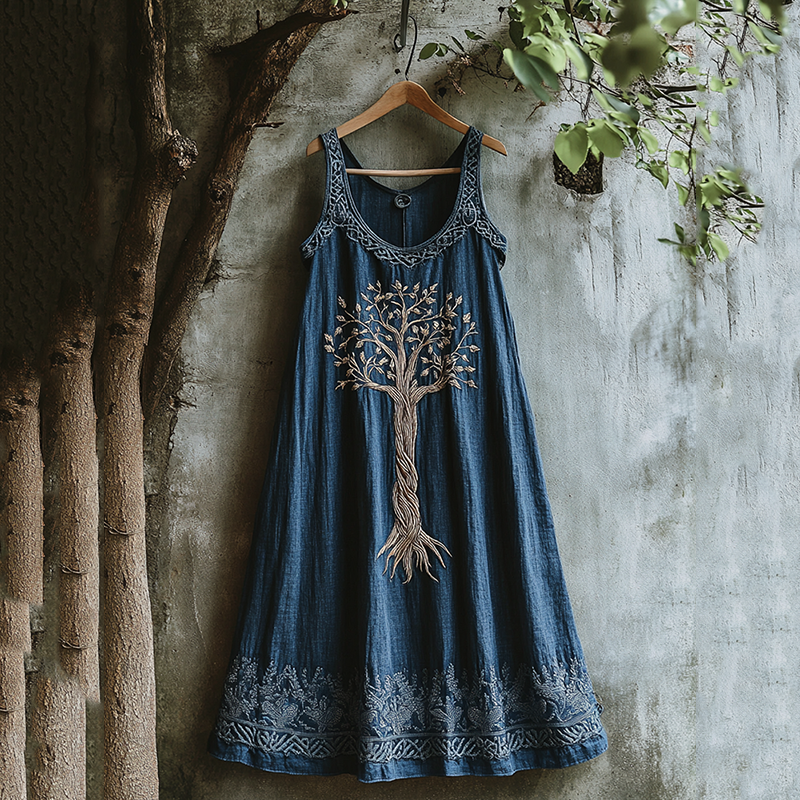 Women's Vintage Viking Tree Of Life Art Linen Dress elevenforest