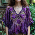 Bohemian Style Purple Tie-dye Rose Three-dimensional Embroidery Sequin Short-sleeved V-neck Top elevenforest