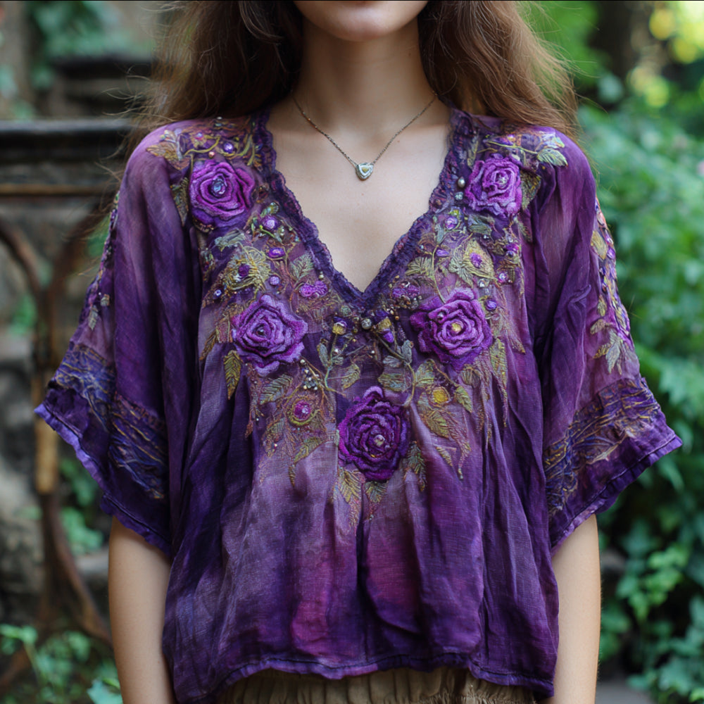Bohemian Style Purple Tie-dye Rose Three-dimensional Embroidery Sequin Short-sleeved V-neck Top elevenforest