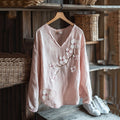Vintage Sakura Art Japanese Embroidery Graphics Linen Blend V-neck Tunic elevenforest