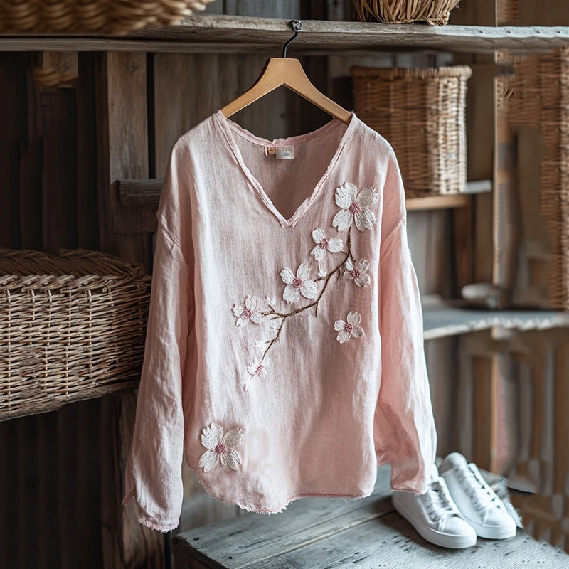 Vintage Sakura Art Japanese Embroidery Graphics Linen Blend V-neck Tunic elevenforest
