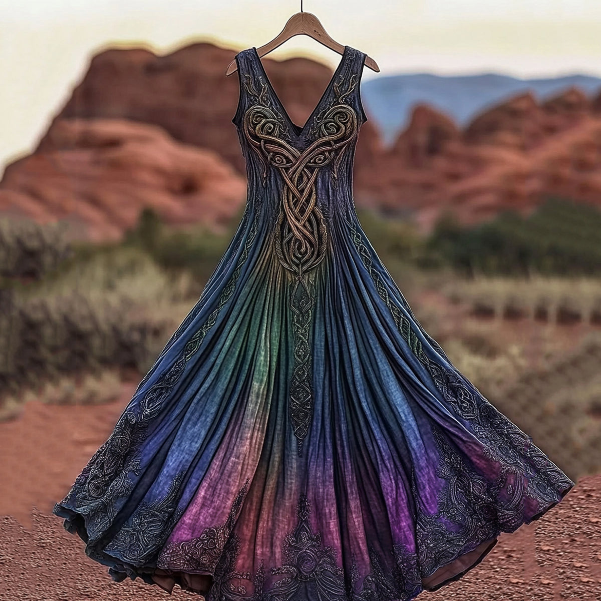 Women's Vintage Viking Celtic Knot Gradient Art Linen Midi Dress elevenforest