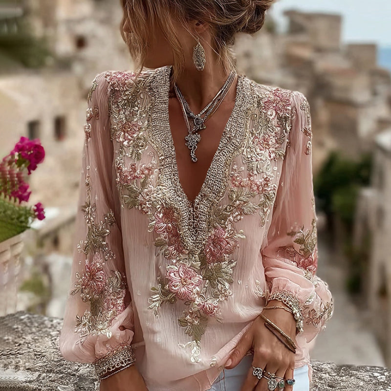 Women's Floral Embroidered Art V-neck Blouse elevenforest