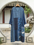 Comstylish Vintage Japanese Striped Floral Patchwork Pattern Women's Linen V-neck Maxi Dress