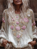Women's Pink Rose Casual Round-neck Long-sleeved Top elevenforest