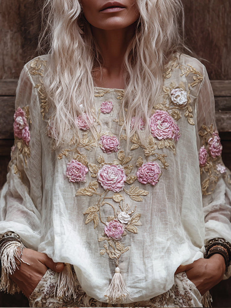 Women's Pink Rose Casual Round-neck Long-sleeved Top elevenforest