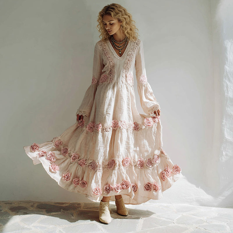 Women's Bohemian Style Rose Patchwork Lace Casual Dress elevenforest