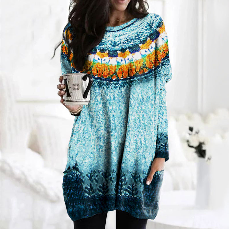 Fox Snowflake Jacquard Pocket Long Sweater artswardrobe