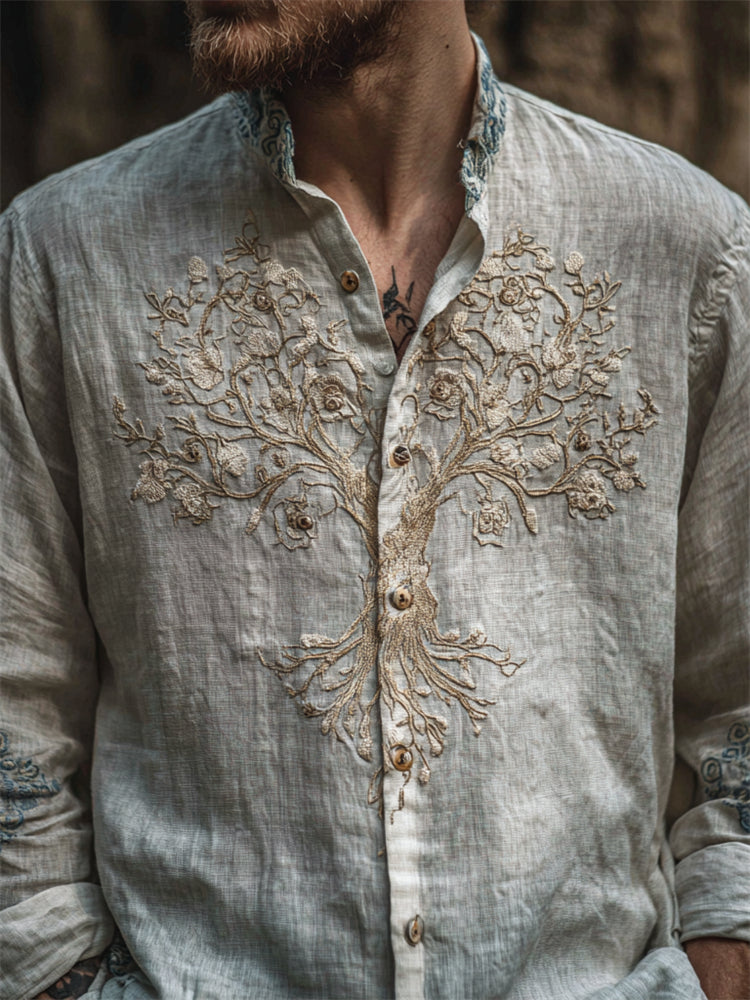 Men's Floral Tree Of Life Embroidered Gradient Flowy Linen Shirt elevenforest