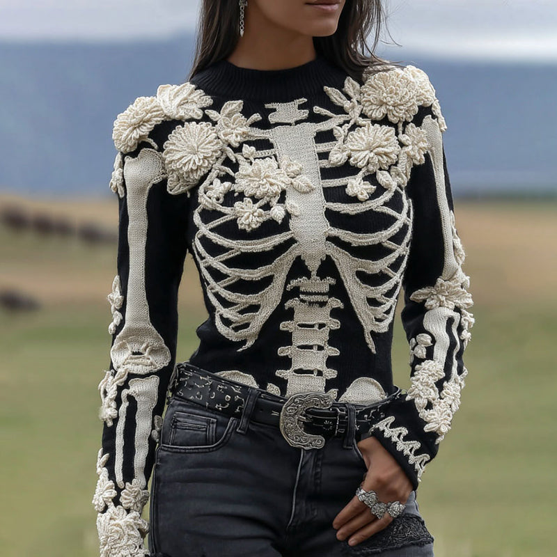 Comstylish Women's Vintage Skeleton & Floral Crew Neck Art Cozy Sweater