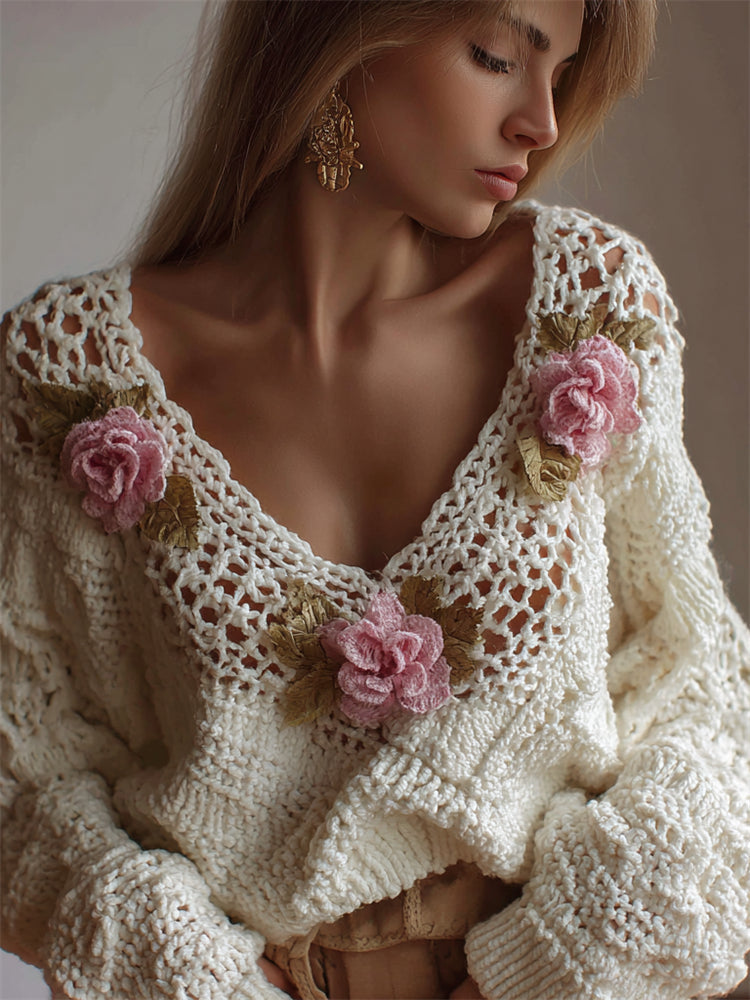 Vintage Pink Floral Fiber Art Lace Crochet Cozy Sweater artswardrobe