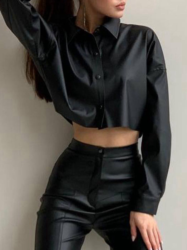 Long Sleeves Loose Buttoned Color Lapel Blouses&shirts Tops